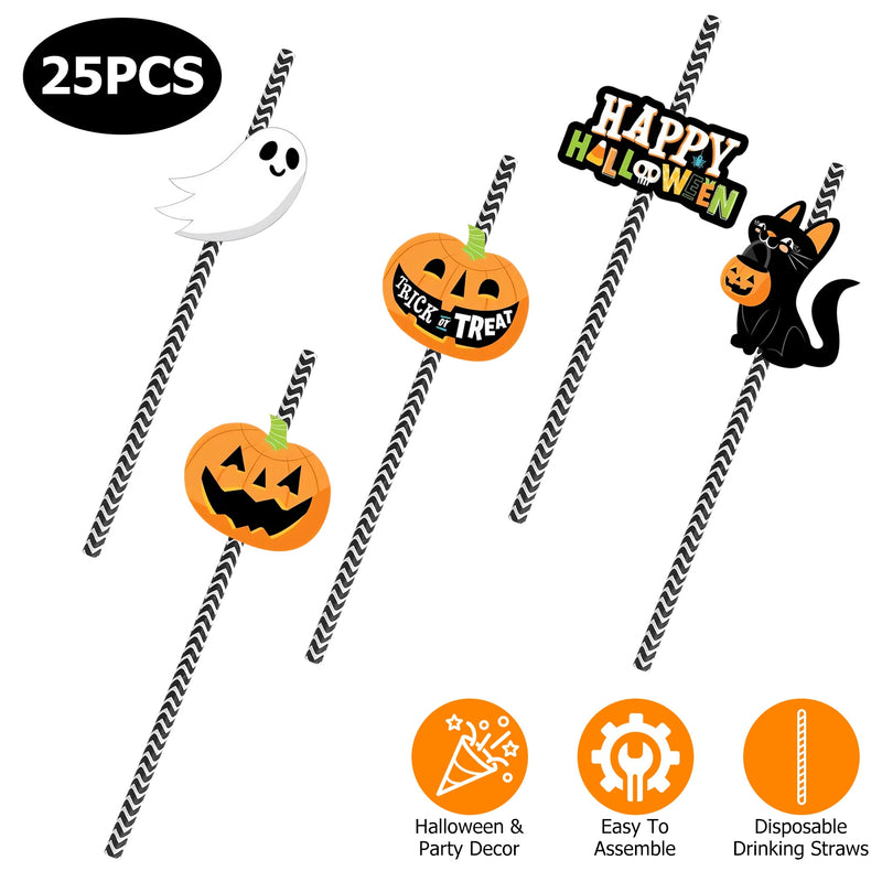 Halloween Decorative Straw Set – 25 Pieces with 24 Cards and Adhesives