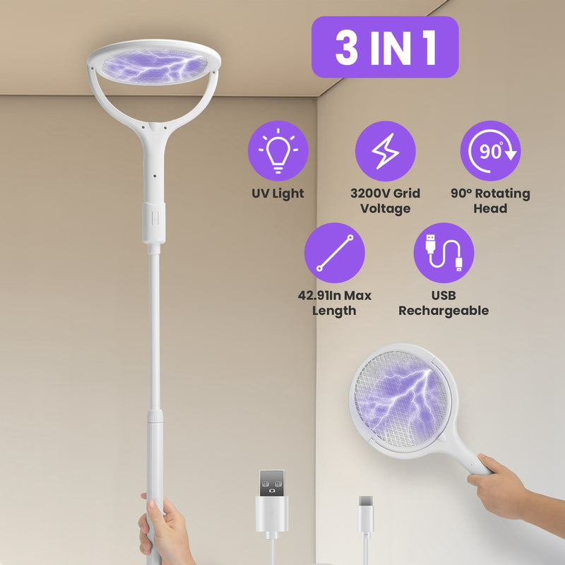 3-in-1 Electric Mosquito Swatter – 3200V with Telescopic Rod