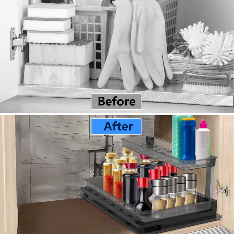 1Pc 2-Tier Pull Out Under Sink Organizer Cabinet Organizer with Sliding Drawer Tray L-Shaped Slide Out Storage Shelves for Bathroom Kitchen Cabinet