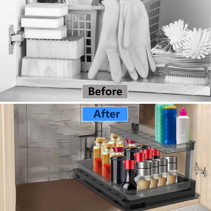 1Pc 2-Tier Pull Out Under Sink Organizer Cabinet Organizer with Sliding Drawer Tray L-Shaped Slide Out Storage Shelves for Bathroom Kitchen Cabinet