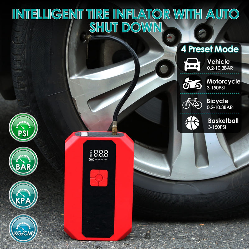 Battery Charger and Compressor - Car Jump Starter with Power Bank and Digital Control