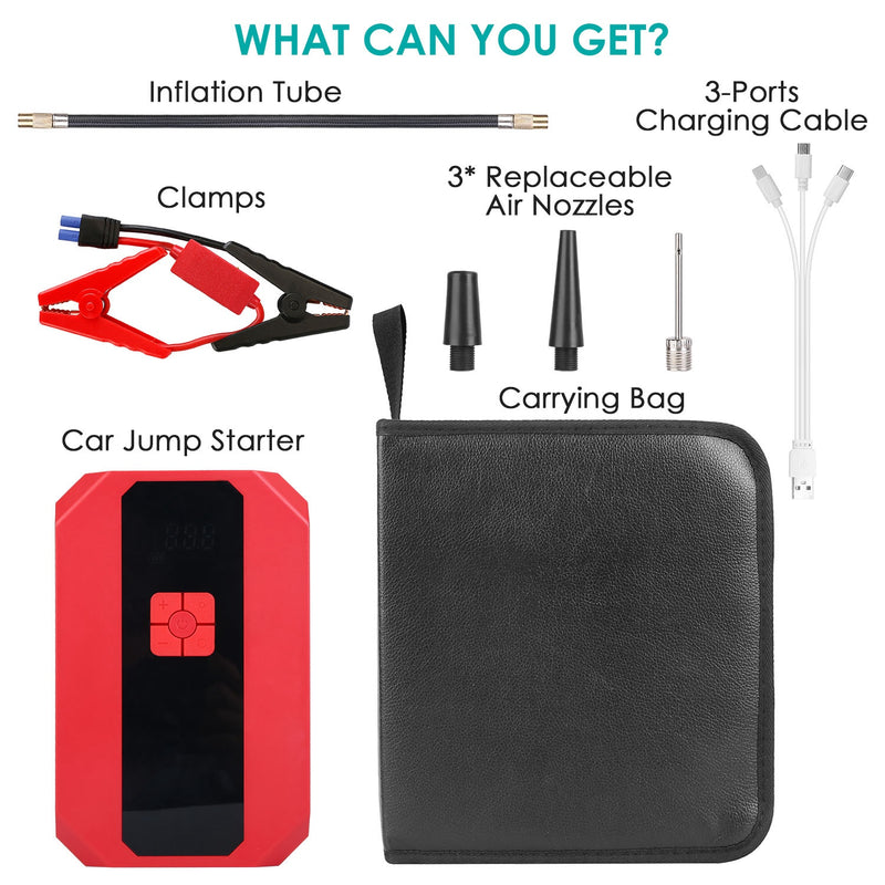 Battery Charger and Compressor - Car Jump Starter with Power Bank and Digital Control