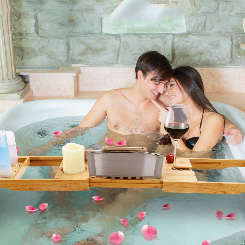 Extendable Bamboo Bathtub Caddy – Multifunctional with Stand