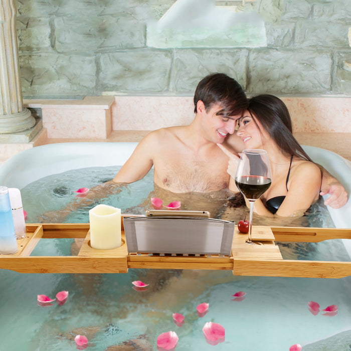 Extendable Bamboo Bathtub Caddy – Multifunctional with Stand