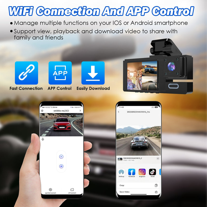3-Channel Dash Cam – Full HD with WiFi, Night Vision, and 64GB Card