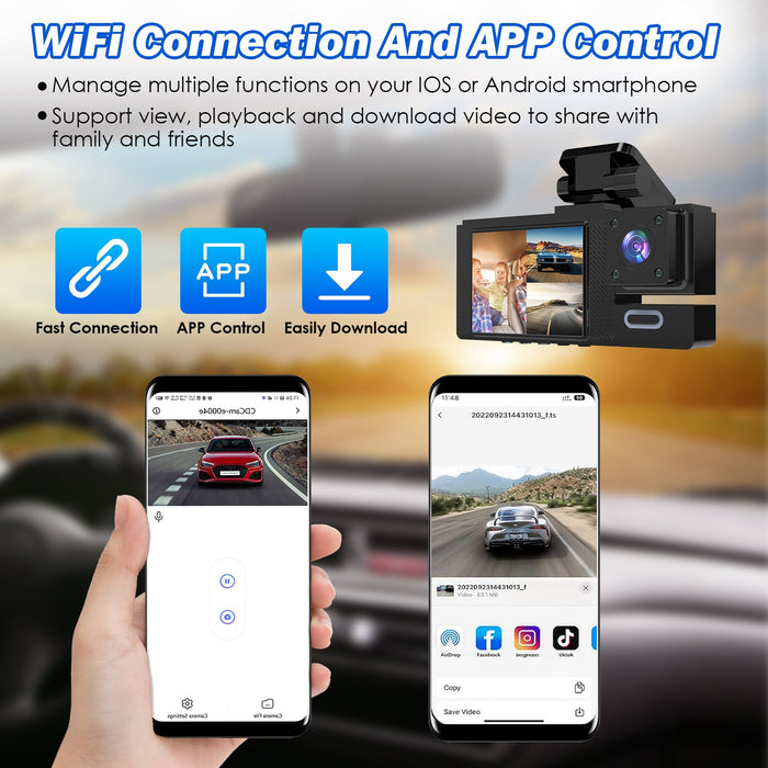 3-Channel Dash Cam – Full HD with WiFi, Night Vision, and 64GB Card