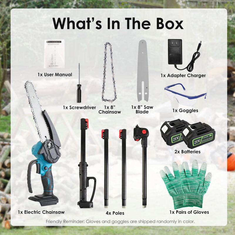 2-in-1 Cordless Chainsaw – Handheld and Pole with 2 Batteries
