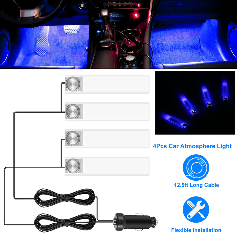 Interior LED Car Lights – 4-Piece Set with DC 12V Charging and Decorative Blue Light