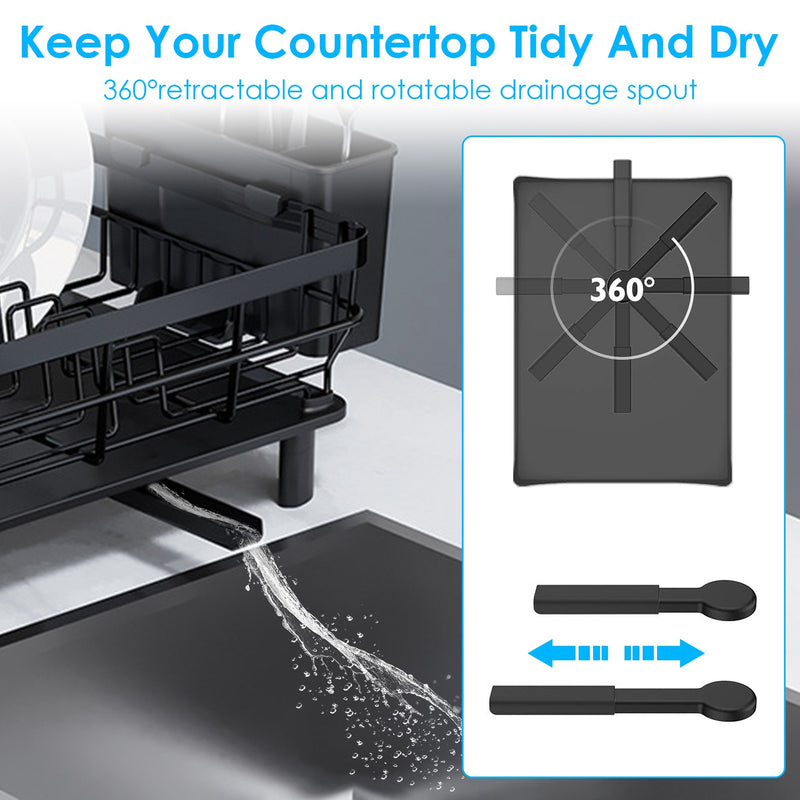 Multifunctional Dish Drying Rack – With 360° Rotating Drain Spout, Cutlery Holder, and Cup Holder