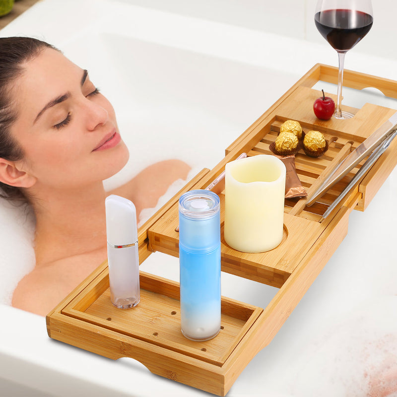 Extendable Bamboo Bathtub Caddy – Multifunctional with Stand