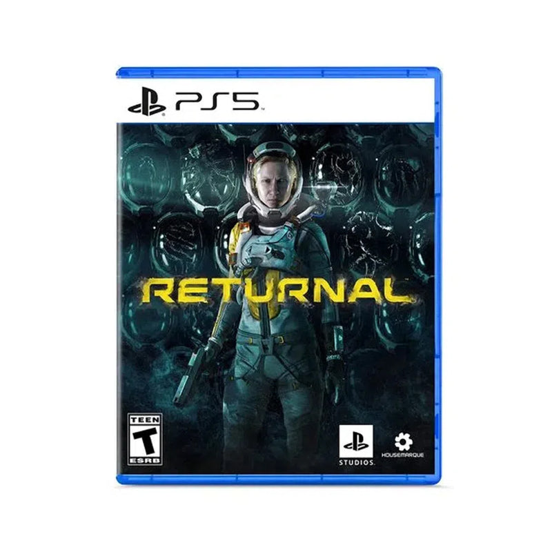 Videojuego Returnal para PlayStation 5 (PS5) de la marca 0004, caja con arte del juego y consola en el fondo