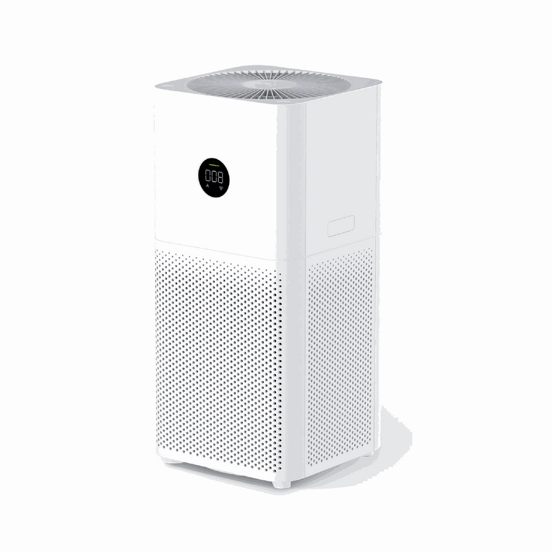Purificador de aire Xiaomi Mi Air Purifier 3C en uso en un hogar, con filtro visible y diseño blanco compacto.