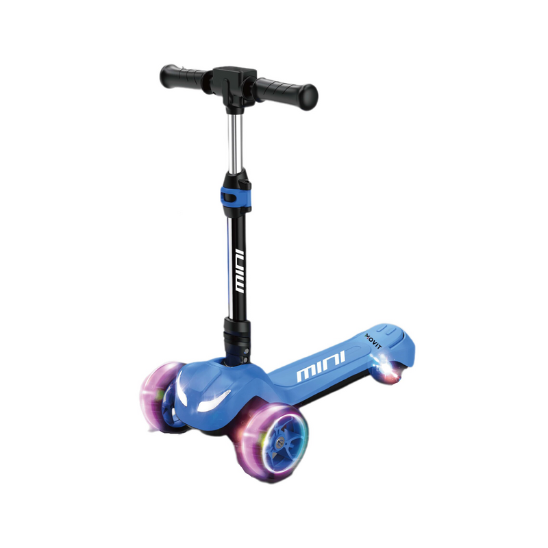 Patines eléctricos Movit Mini de la marca 0001, con ruedas y manillar, listos para usar en exteriores.
