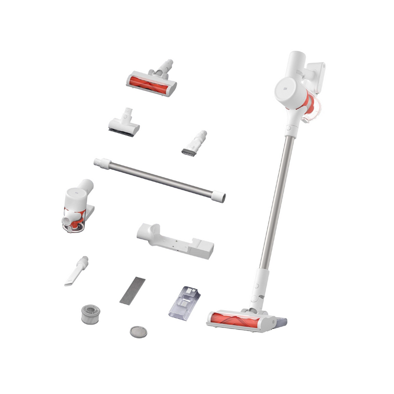 Aspiradora Xiaomi Mi Vacuum Cleaner G10 en uso en un hogar, con diseño compacto y accesorios para limpieza eficiente.