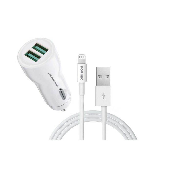 Cargador dual de auto Kominic 12W con cable USB A a Lightning para iPhone, carga rápida, 1 metro, accesorios para celulares.
