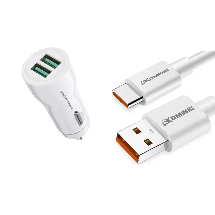 Cargador dual de auto Kominic 12W con cable USB Tipo C de 1 metro, carga rápida para celulares y accesorios.