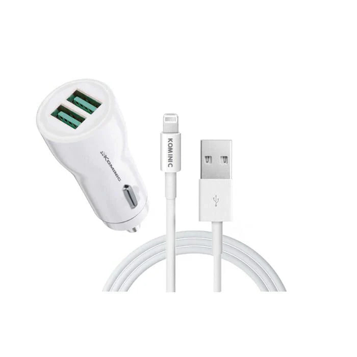 6 Units Kominic 12W Dual Car Charger with USB-A to Lightning Cable (iPhone) 1M (Fast Charging)