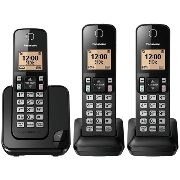 Teléfono inalámbrico Panasonic KX-TGC353LAB con tres auriculares, ideal para uso en el hogar y comunicación conveniente.