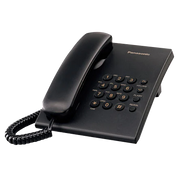 Teléfono Panasonic de mesa y pared KX-TS500LX con teclado numérico y botón de volumen, en color gris para uso doméstico.