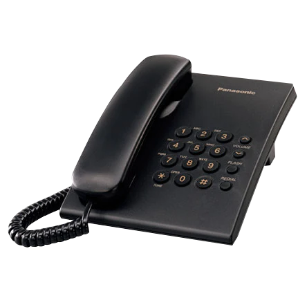Teléfono Panasonic de mesa y pared KX-TS500LX con teclado numérico y botón de volumen, en color gris para uso doméstico.