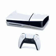 Consola PlayStation 5 Slim Disco versión americana con 1TB de almacenamiento SSD, en color blanco, junto a un mando inalámbrico.