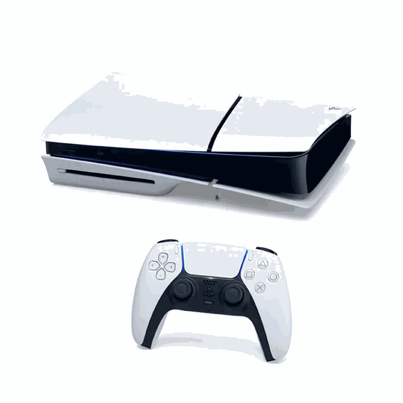 Consola PlayStation 5 Slim Disco versión americana con 1TB de almacenamiento SSD, en color blanco, junto a un mando inalámbrico.