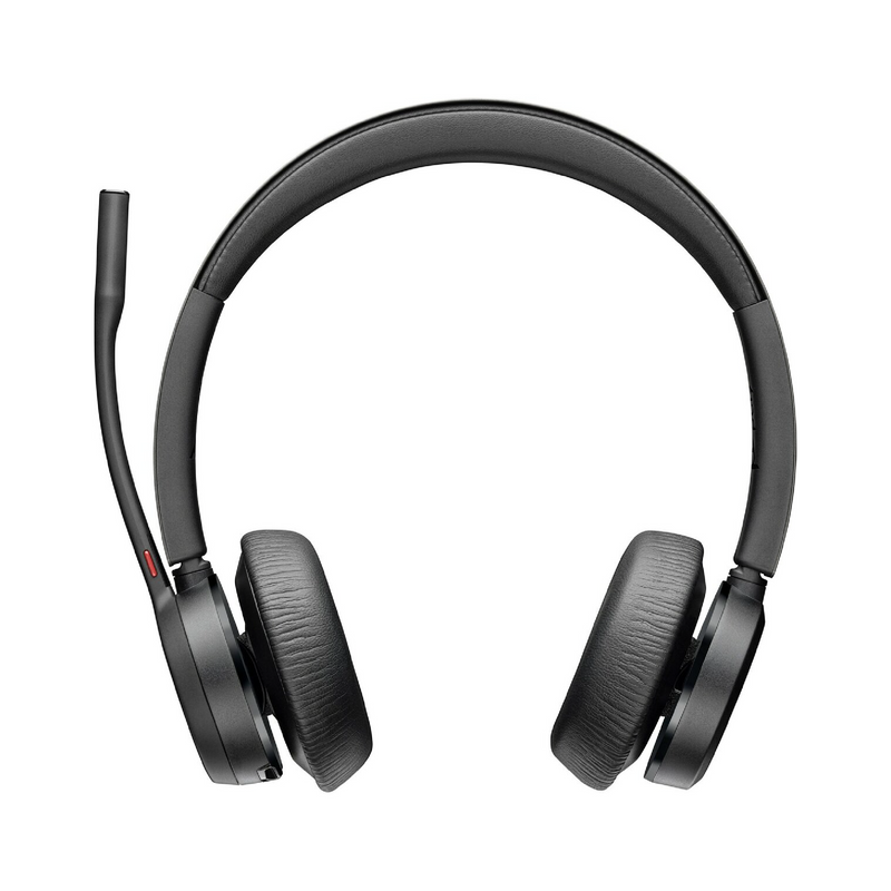 Audífonos inalámbricos Poly Voyager 4320-M de la marca 0002, con diseño cómodo y cable opcional, vista frontal en color negro.