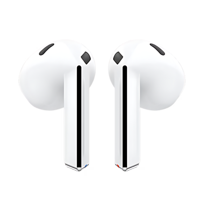 Audífonos Samsung Galaxy Buds 3 blancos, inalámbricos y de diseño compacto, con estuche de carga incluido.