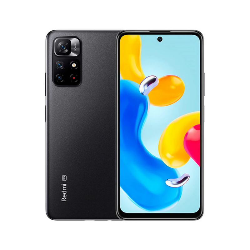 Teléfono Xiaomi Redmi Note 11S 5G con pantalla de 6.6 pulgadas, doble SIM, 64GB y 4GB de RAM en color gris.