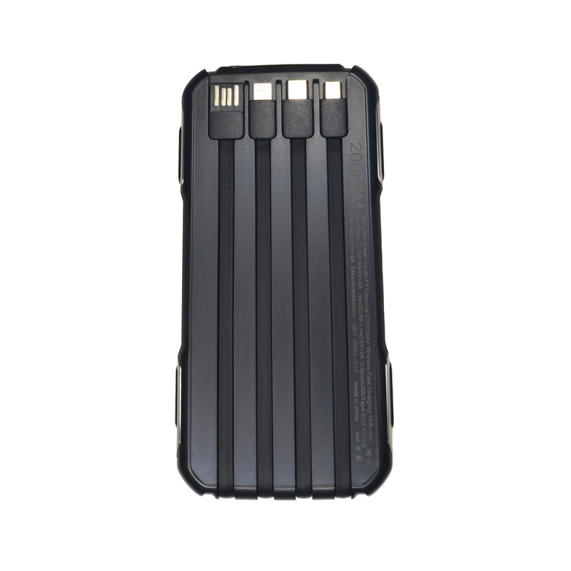 Batería portátil Kominic de 20000 mAh con puertos USB para cargar dispositivos electrónicos, en color negro.