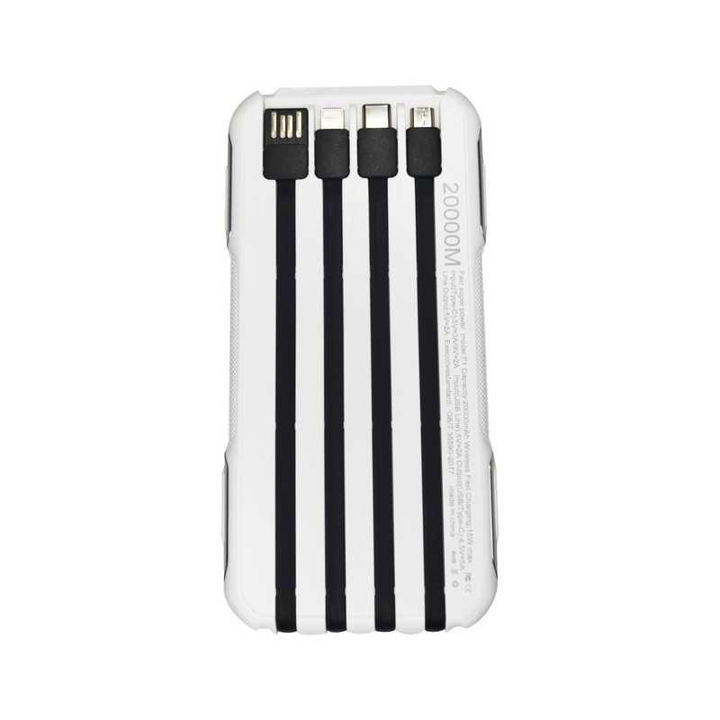 Batería portátil Kominic de 20000 mAh con pantalla digital y puertos USB para carga de dispositivos electrónicos.