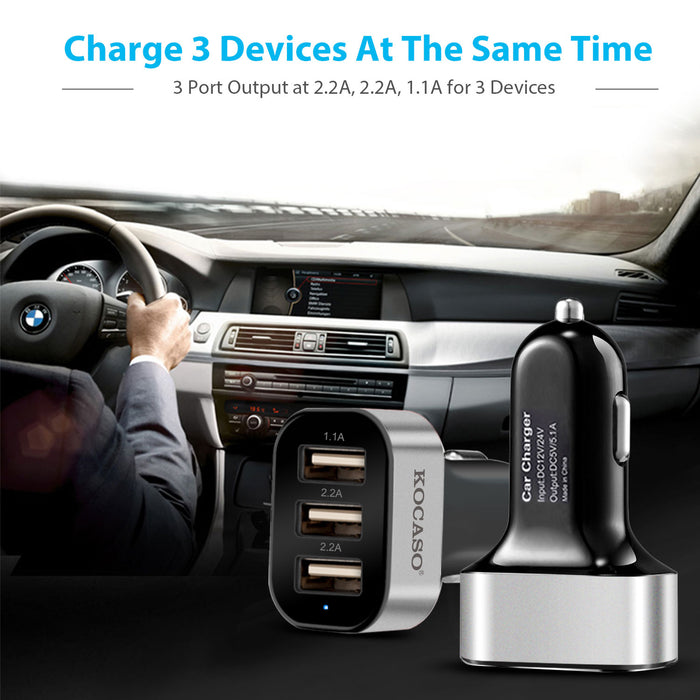 Car Charger 3 Ports – Compact, 30W for Phones and Tablets