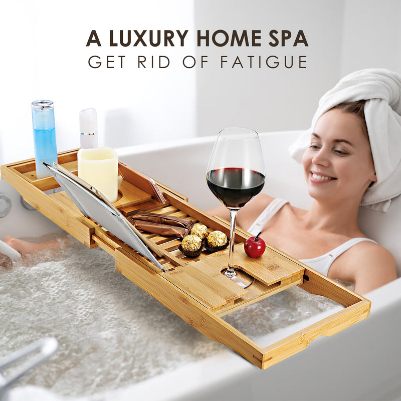 Extendable Bamboo Bathtub Caddy – Multifunctional with Stand