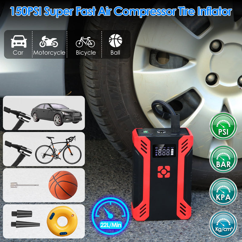 2000A Car Jump Starter with 150PSI Air Compressor – 37000mAh Power Bank and LED Flashlight