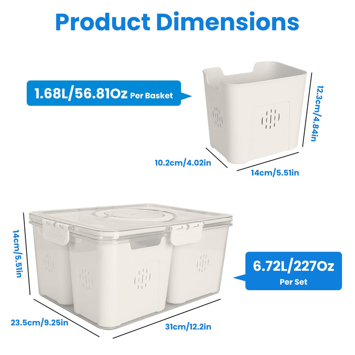 Set of 2 Food Containers with Strainers – 8 Baskets, Airtight Lid, and Large Capacity
