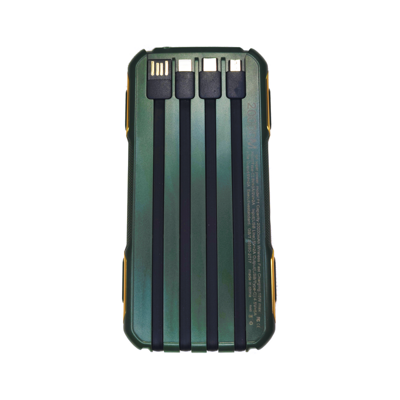 Batería portátil Kominic de 20000 mAh, vista frontal con puertos de carga y pantalla digital, para cargar dispositivos móviles.