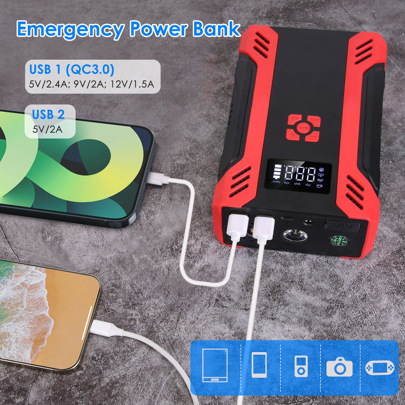 2000A Car Jump Starter with 150PSI Air Compressor – 37000mAh Power Bank and LED Flashlight