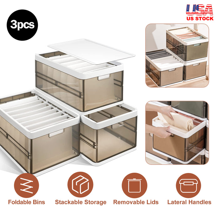 Set of 3 Foldable Storage Boxes – Stackable with Clear Lids and Dividers