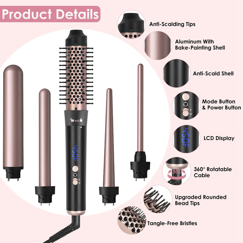 Anti-tangle Thermal Brush – 5-in-1 Curling Iron with 360° Swivel Cord