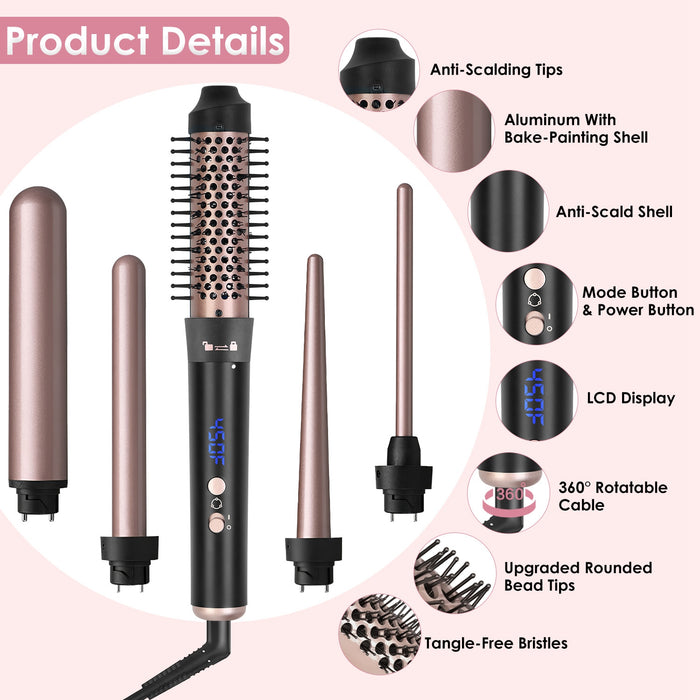 Anti-tangle Thermal Brush – 5-in-1 Curling Iron with 360° Swivel Cord