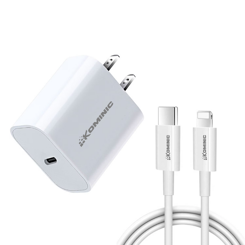 Cargador combo 20W Kominic con cable Tipo C y Lightning para iPhone, carga rápida, en color negro, 1 metro de longitud.