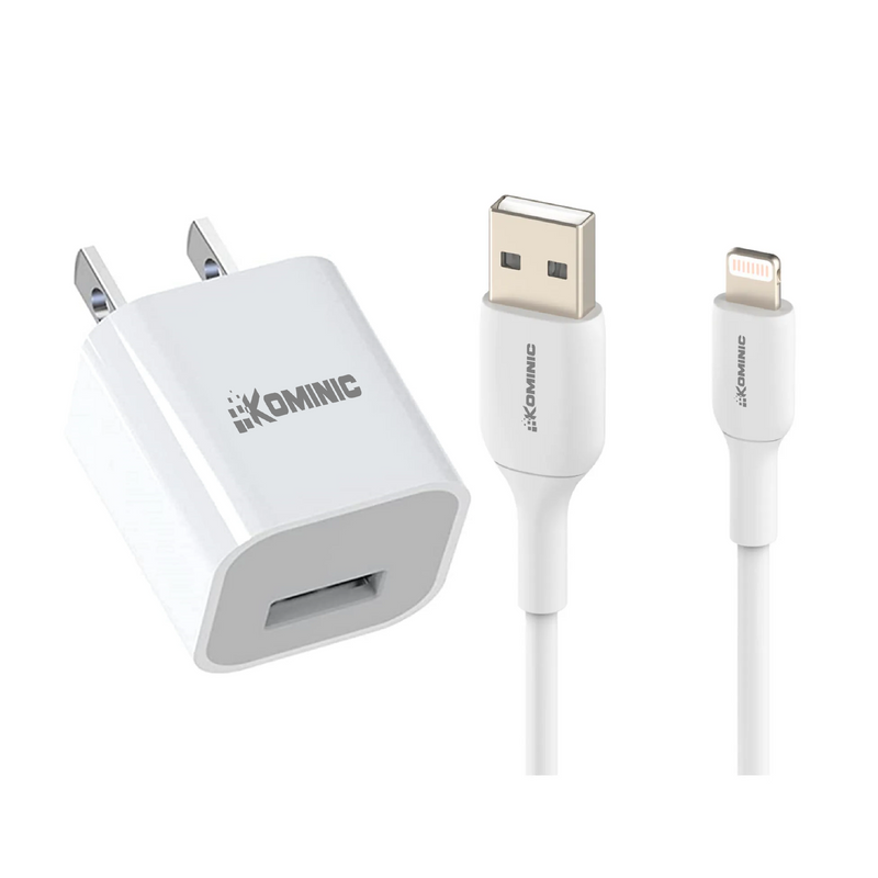 Cargador Combo 18W Kominic con cable USB A a Lightning para iPhone, carga rápida, 1 metro, en color negro