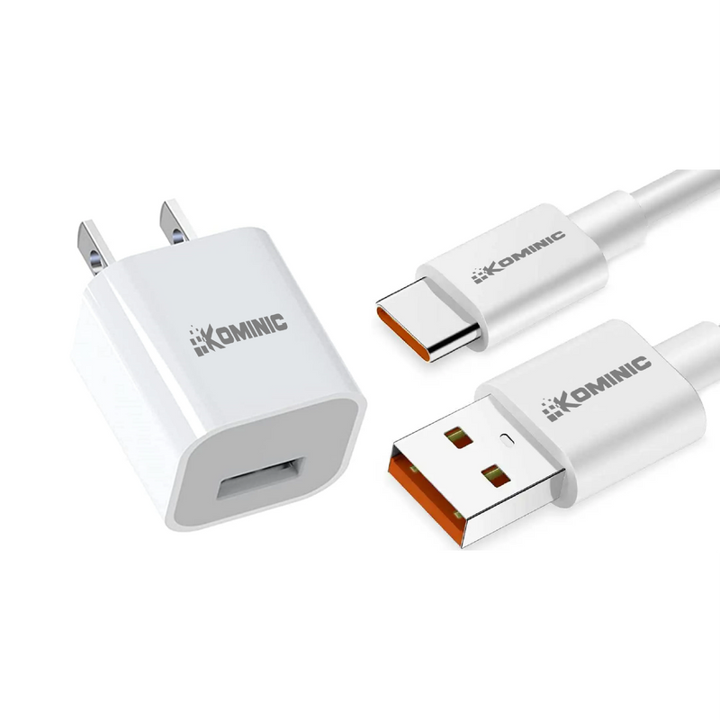 Cargador Kominic USB A de 18W con cable USB A a Tipo C de 1 metro para carga rápida en celulares y accesorios.