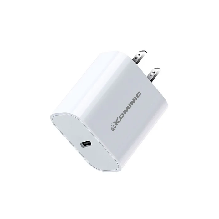 Cargador 20W Kominic Tipo C para carga rápida, accesorio para celulares y dispositivos electrónicos en color negro