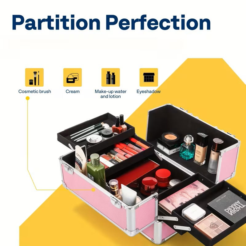3-in-1 Makeup Organizer Cart – Pink Aluminum with Wheels