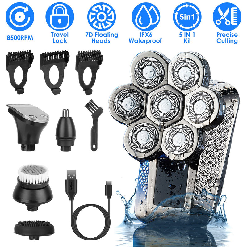 7D Electric Shaver – 5-in-1 Kit with Trimmer, Facial Brush, and LED Display