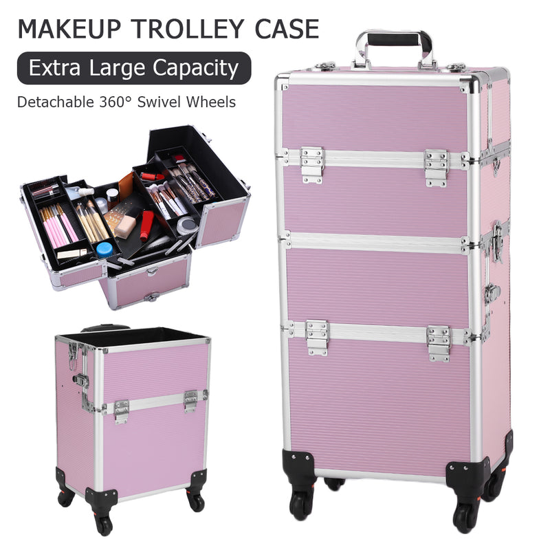 3-in-1 Makeup Organizer Cart – Pink Aluminum with Wheels