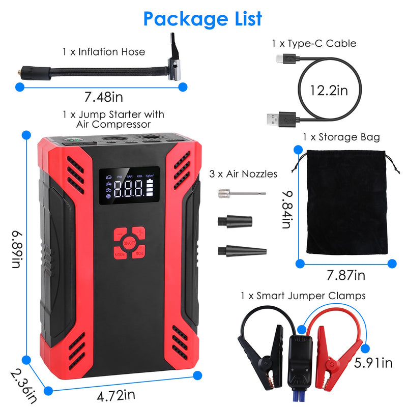 2000A Car Jump Starter with 150PSI Air Compressor – 37000mAh Power Bank and LED Flashlight