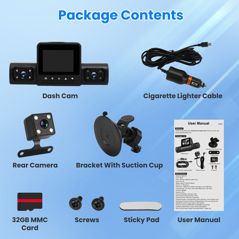 4 Channel Dash Cam – 1080P Front, Night Vision, and 32GB Card