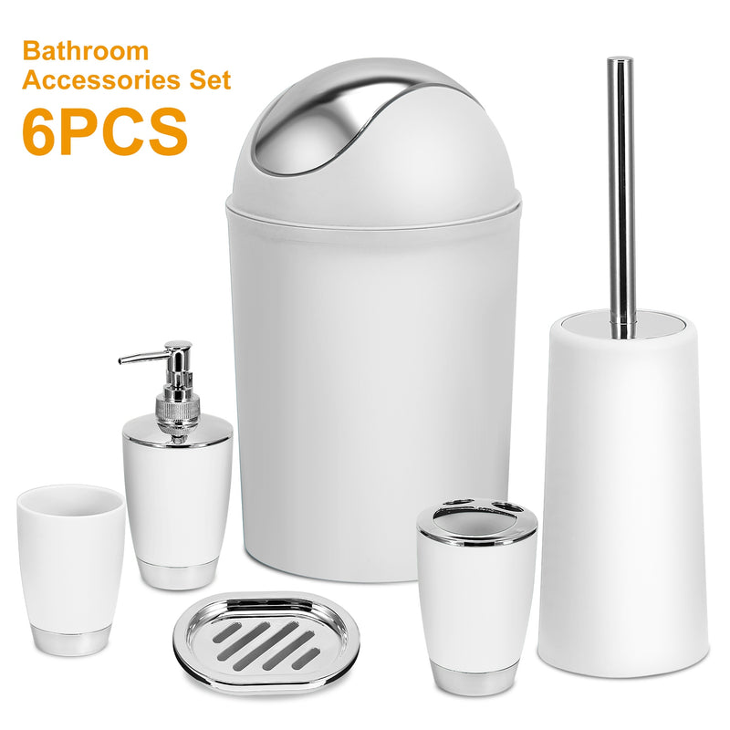 Elegant Bathroom Set - 6 Pieces with Soap Dish, Toilet Brush, and Waste Bin